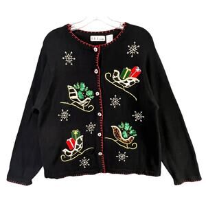 Vintage BP Design Cardigan Sweater L Black Embellished Christmas Holiday Grandma
